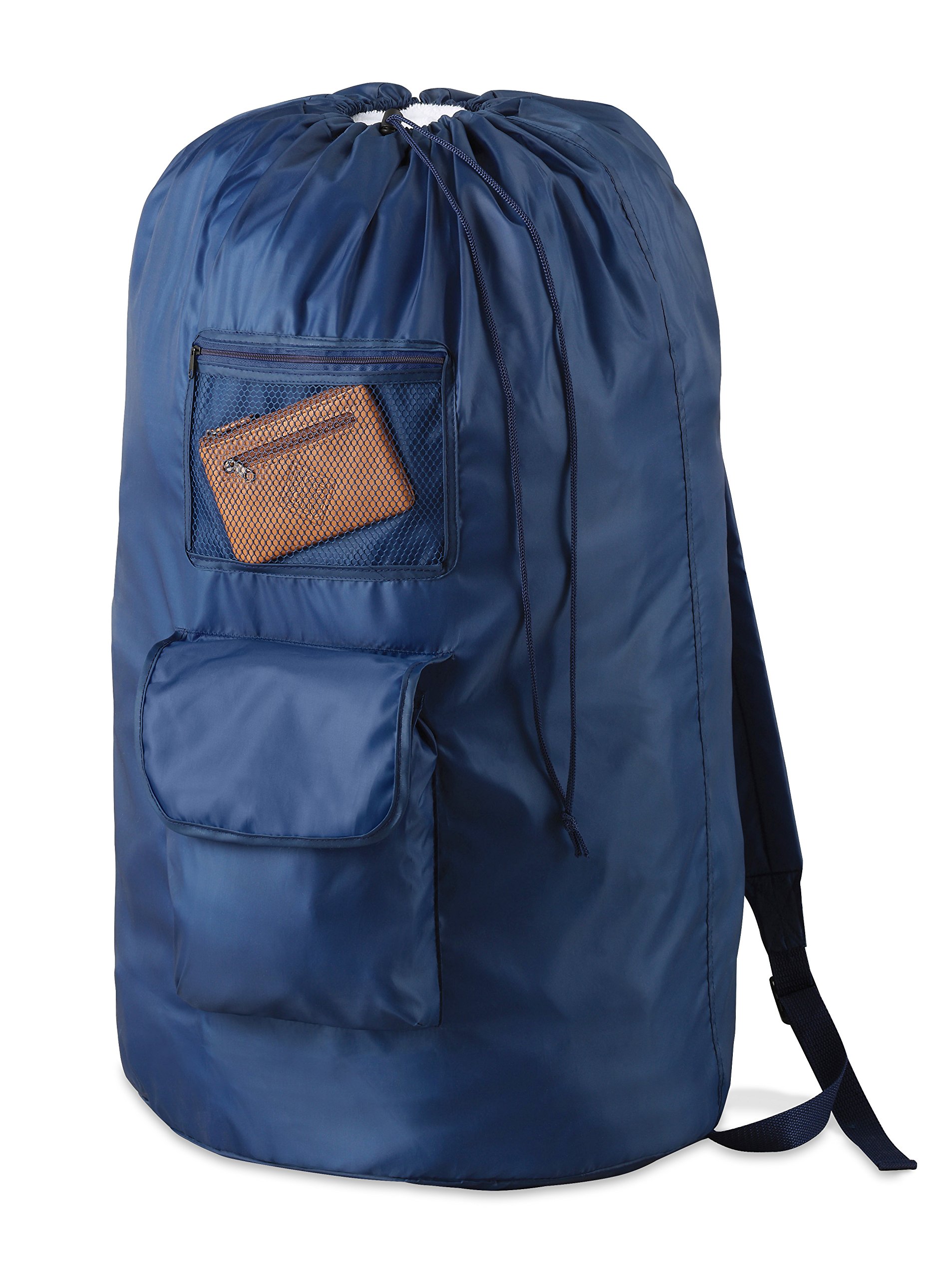 Whitmor Dura-Clean Black Laundry Bag Backpack - Heavy Duty Dark Denim Wash Bag for College Dorm, Travel & Gym - Large Capacity Laundry Storage Solution