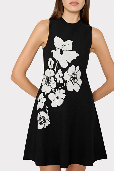 Floral Flare Knit Mini Dress - Black & Ecru | Summer Party Outfit, Date Night Dress, Casual Chic Wear