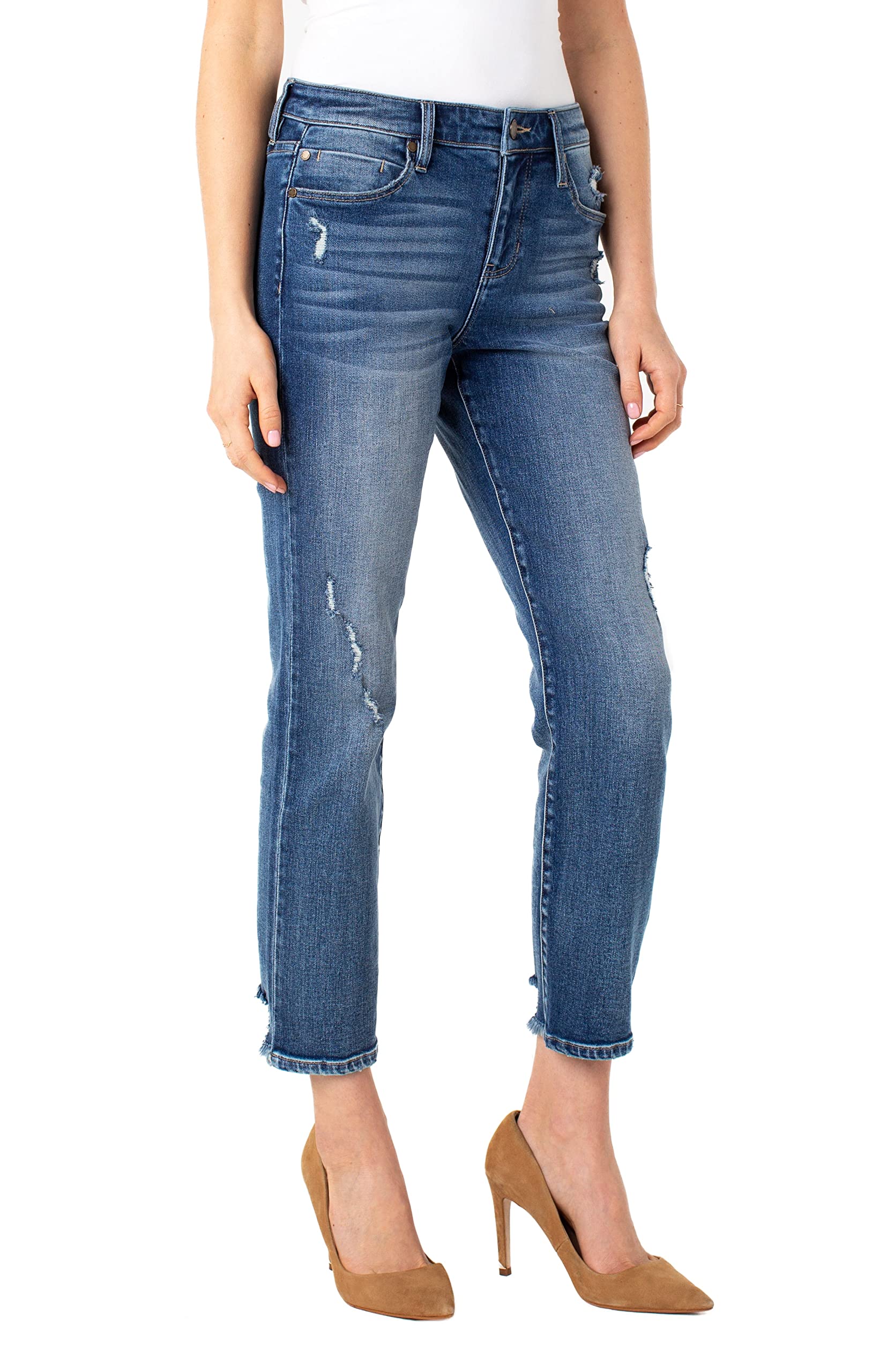 Liverpool Women's Distressed Frayed Hem Crop Straight Jeans | High Waisted Skinny Denim Pants for Casual Outfits & Streetwear