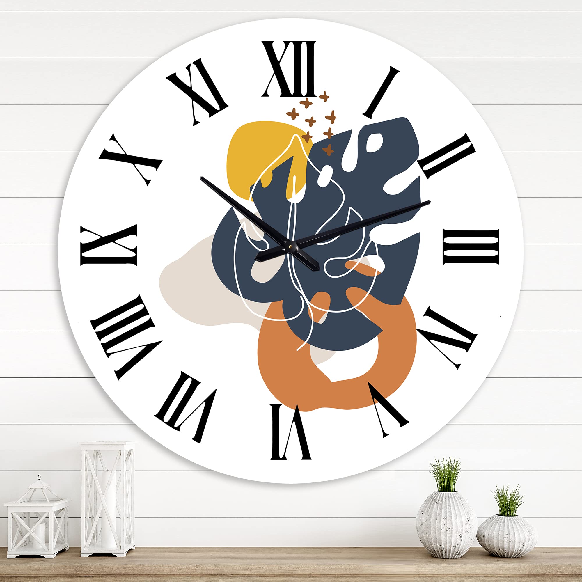 DesignQ Modern Abstract Flowers Wall Clock - Minimalist Floral & Botanical Large Wall Decor for Living Room, Bedroom & Office | Silent Non-Ticking Home Decoration