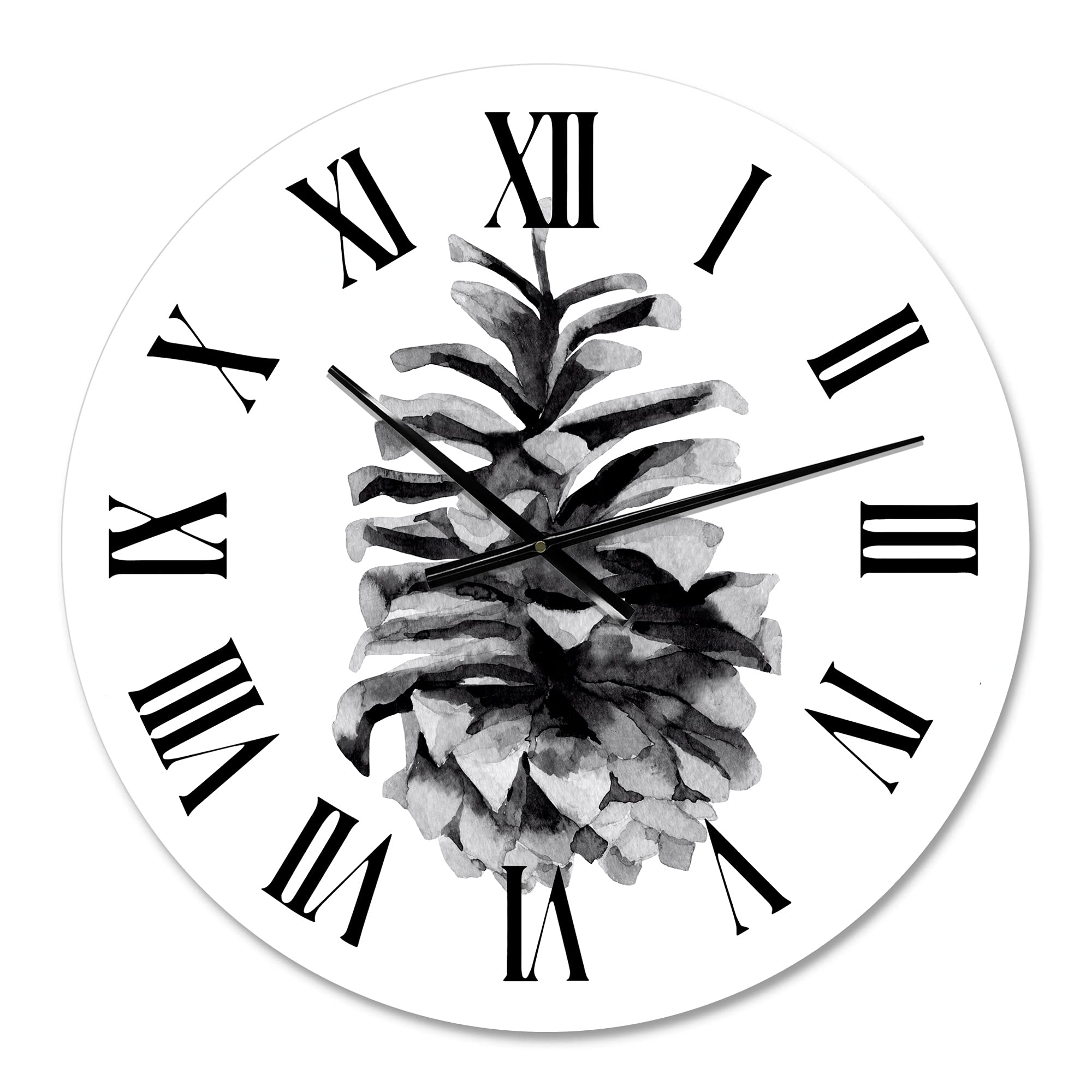 DesignQ Traditional Wall Clock 'Conifer Cone Monochrome' - Large Floral Botanical Wall Clock for Bedroom, Living Room & Office Decor | Silent Non-Ticking, Perfect for Home & Workspace