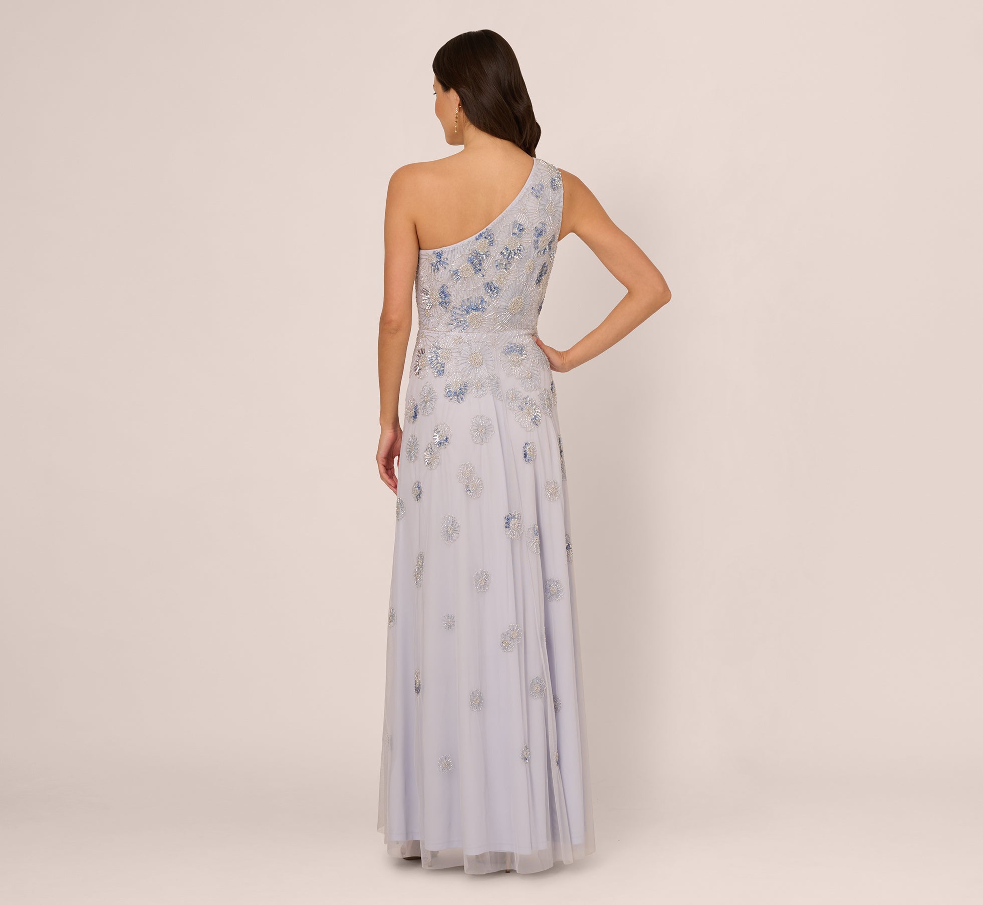 Elegant One Shoulder Beaded Mesh Evening Gown - Serenity Blue Prom Dress for Women | Perfect for Formal Events, Weddings & Red Carpet Occasions