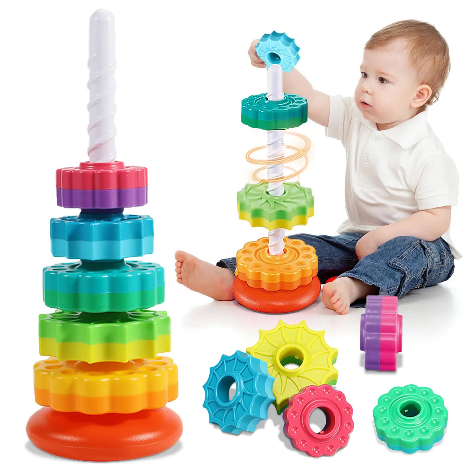 Rainbow Stacking Toys for Toddlers - Educational Spinning Stacking Tower | Montessori Sensory Learning Toy for Boys & Girls | Perfect for Early Childhood Development & Playtime Fun