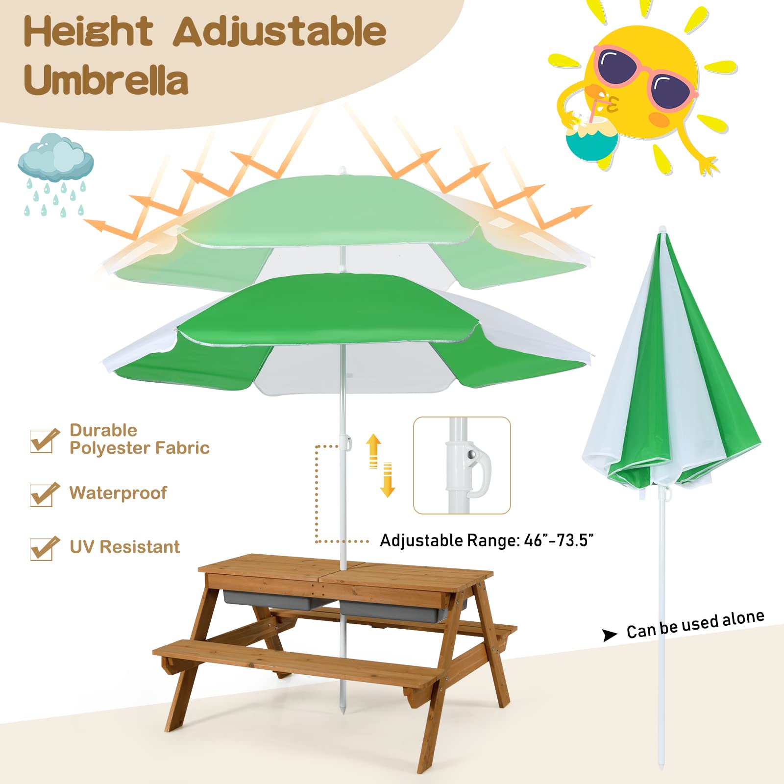 Costzon 4-in-1 Adjustable Kids Picnic Table with Sensory Bins - Sand & Water Play Table, Removable Tabletop & Height-Adjustable Umbrella - Durable Wooden Outdoor Play Table for Backyard, Patio, Preschool & Daycare Activities