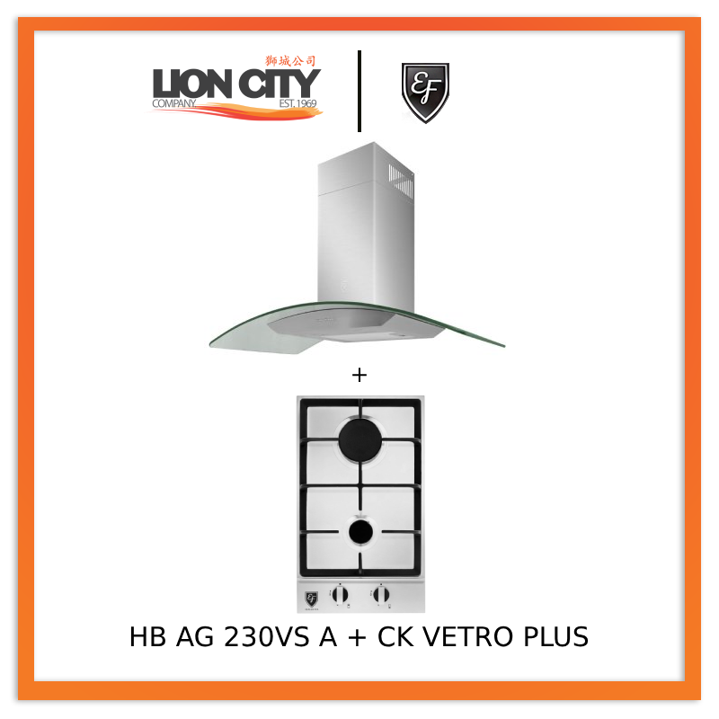 EF 90 CM Chimney Cooker Hood CK Vetro Plus & EF HB AG 230VS 30cm Built-in Stainless Steel Gas Hob - Modern Kitchen Ventilation & Cooking Solution for Home Chefs