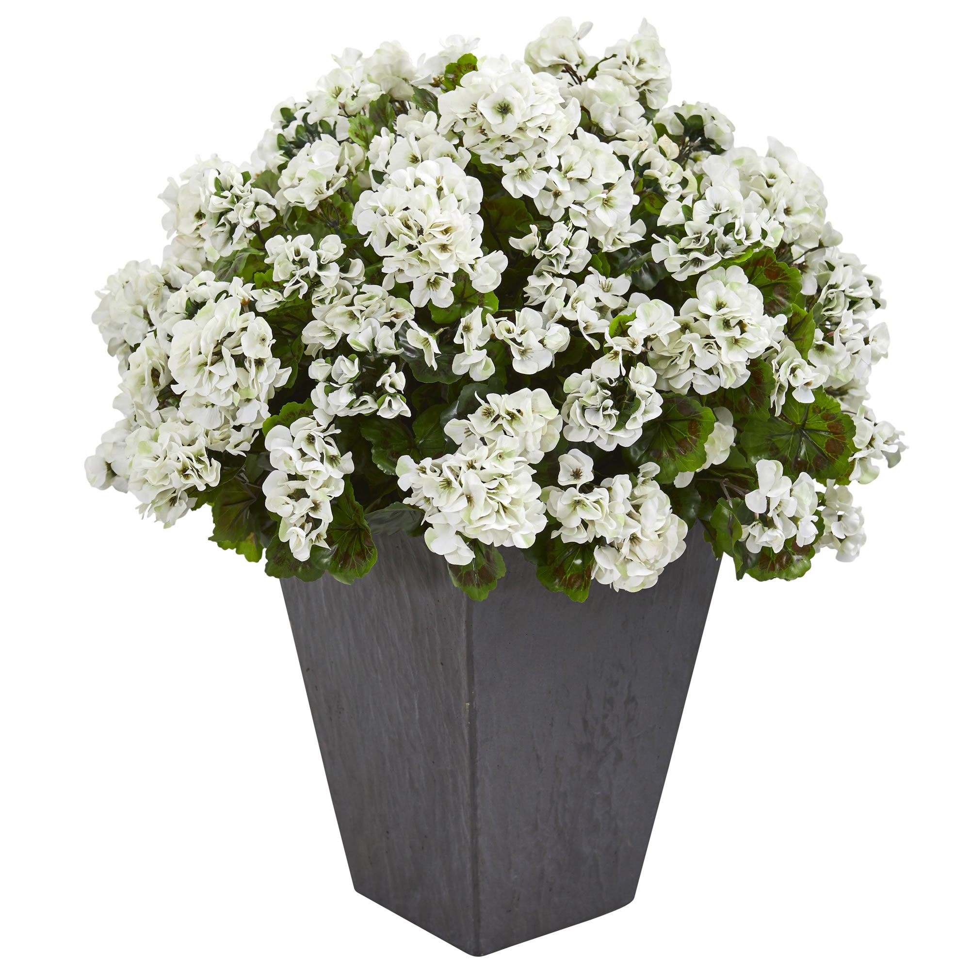 Nearly Natural UV Resistant Artificial Geranium Plant in Slate Planter - Indoor/Outdoor Decor for Home, Office, Patio & Garden