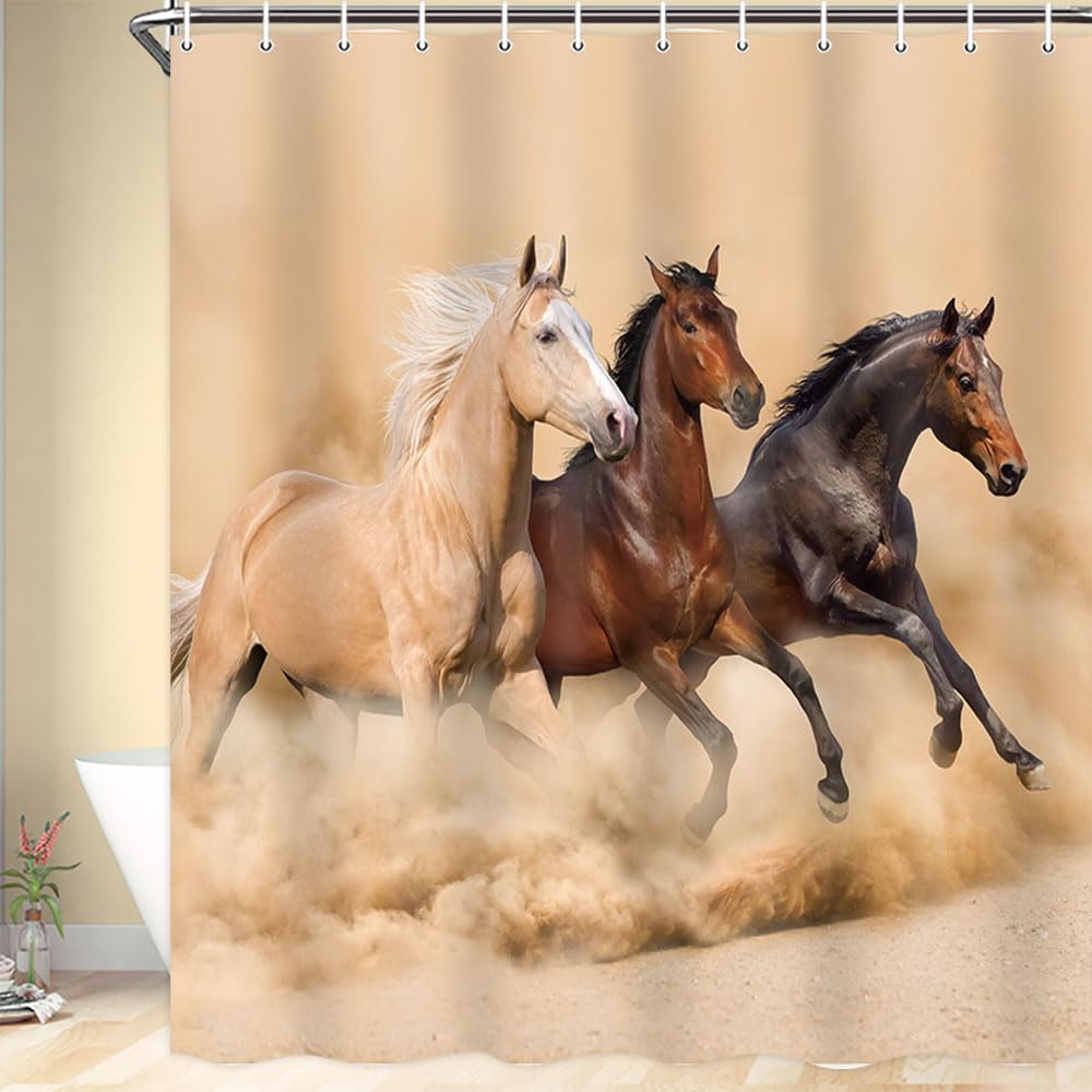 Western Farmhouse Horse Shower Curtain - 72x72 Inch Polyester Bathroom Decor with 12 Hooks, Running Horse Desert Scene - Perfect for Ranch, Cowboy or Equestrian Themed Bathrooms