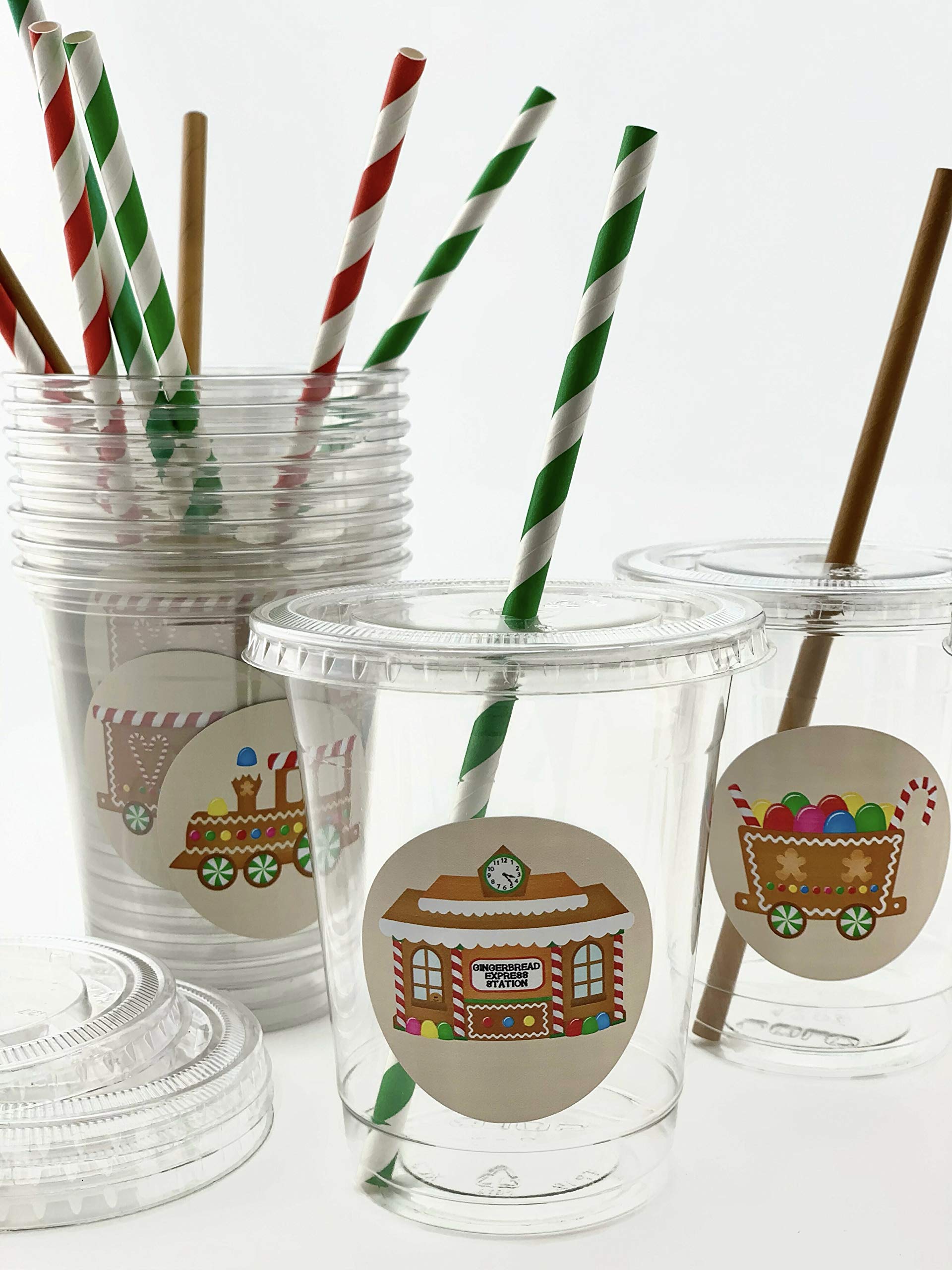 Gingerbread Train Christmas Party Cups with Lids and Straws - 12 Pack | Holiday Drinkware for Festive Gatherings, Kids Christmas Parties & Hot Cocoa Serving