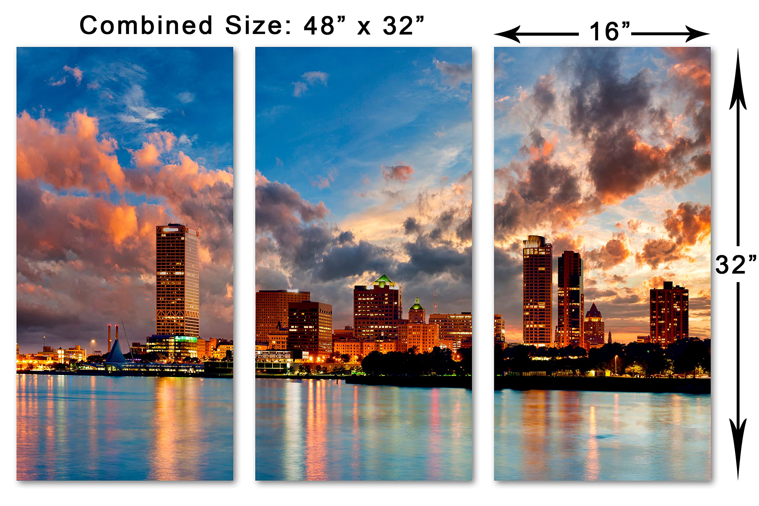 48x32 Milwaukee Skyline Wall Art Canvas Print - 3 Panel Split Wisconsin Cityscape Decor for Living Room, Office & Bedroom