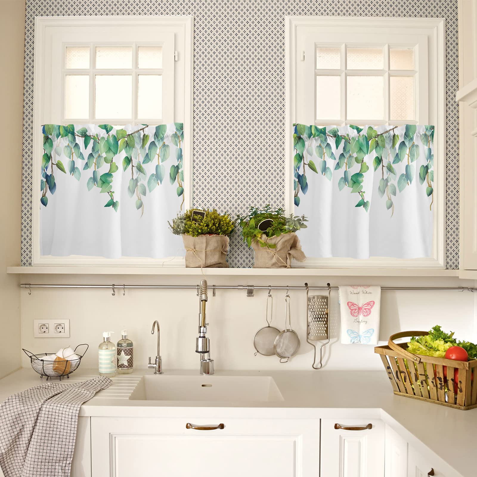 Country Style Kitchen Cafe Curtain Set - 3 Piece Spring Green Leaf Design with Rod Pocket, Short Window Valances & Panels for Privacy - Perfect for Bedroom, Living Room & Kitchen Windows - Watercolor Botanical Print on White Fabric