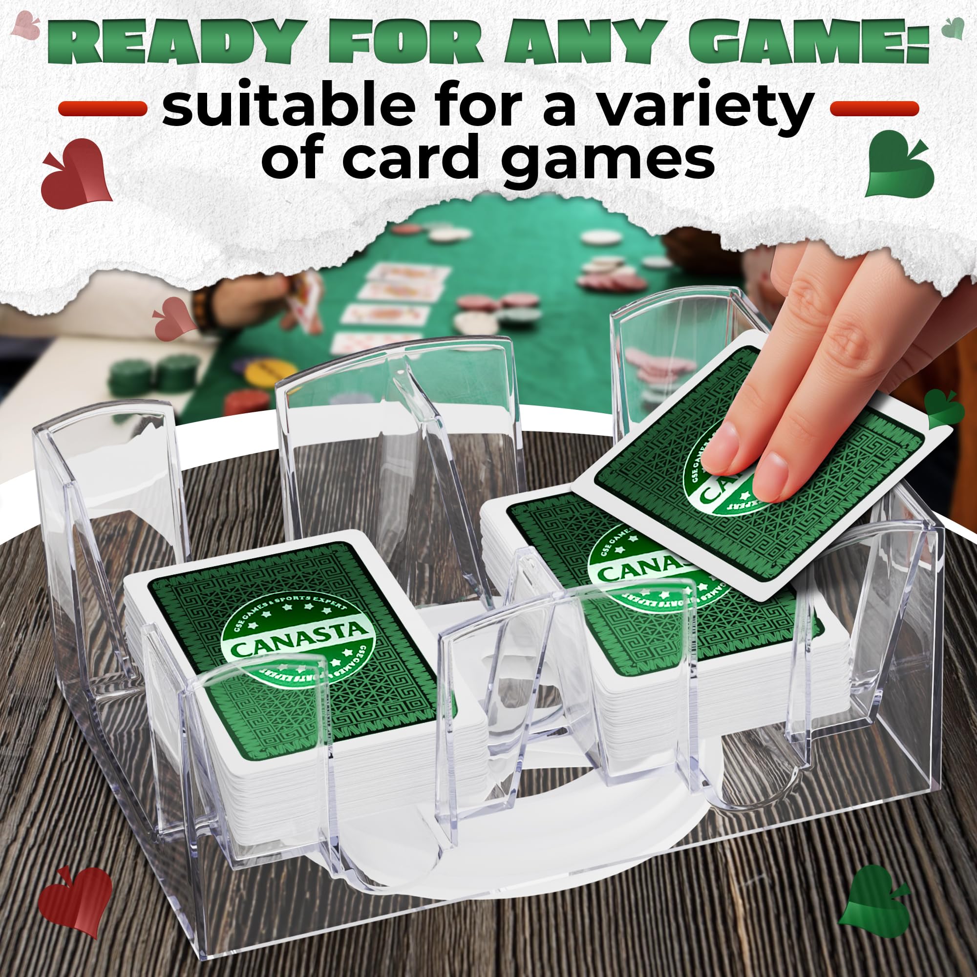 360° Rotating Dual Deck Poker Card Holder - Clear Acrylic Canasta & Casino Card Tray for Poker, Blackjack, and Card Games - Perfect for Game Nights, Casinos, and Family Gatherings
