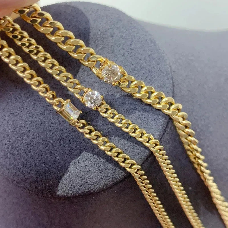 18K Yellow Gold Diamond Bracelet for Women - Classic Emerald & Round Cut Natural Diamond Cuban Chain Vintage Jewelry - Perfect for Parties, Weddings & Special Occasions
