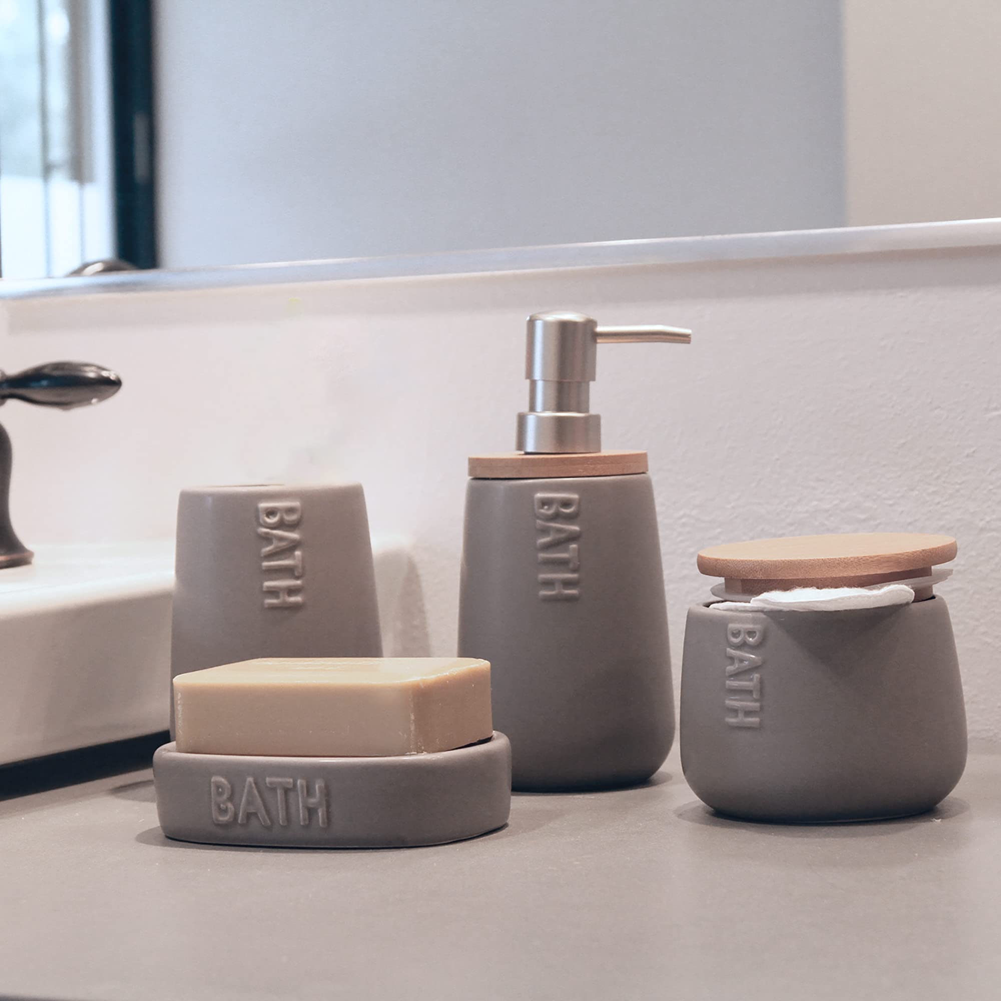Bath D Soap Dish & Dispenser - Grey Bamboo Tray for Shower, Bathroom Countertop, and Spa Organization
