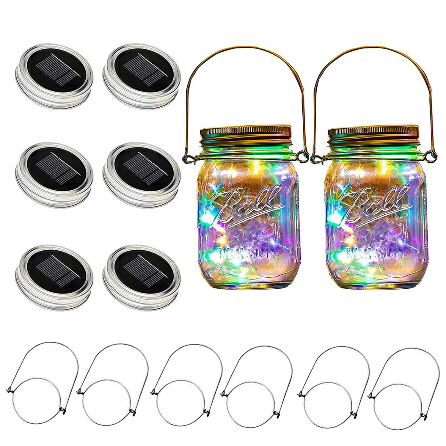 VOOKRY 6 Pack Solar Mason Jar Lights - 30 LED Waterproof Firefly Fairy String Lights with Hangers (No Jars Included) for Outdoor Garden, Patio, Yard, Wedding & Party Decorations - Multicolor Solar Lights for Romantic Ambiance & Nighttime Illumination
