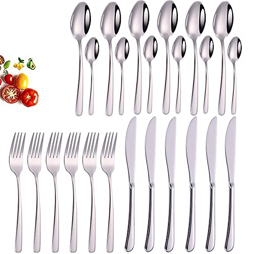 Premium 24-Piece Stainless Steel Silverware Set - 18/10 Mirror Polished Cutlery for Dining, Kitchen & Travel (6 Place Settings) - Elegant Flatware for Restaurants, Weddings & Dinner Parties