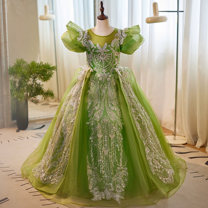 Elegant Green Sequins Fluffy Ball Gown for Baby Girl Toddler Pageant Dress - Perfect for Beauty Contests, Photoshoots & Special Occasions