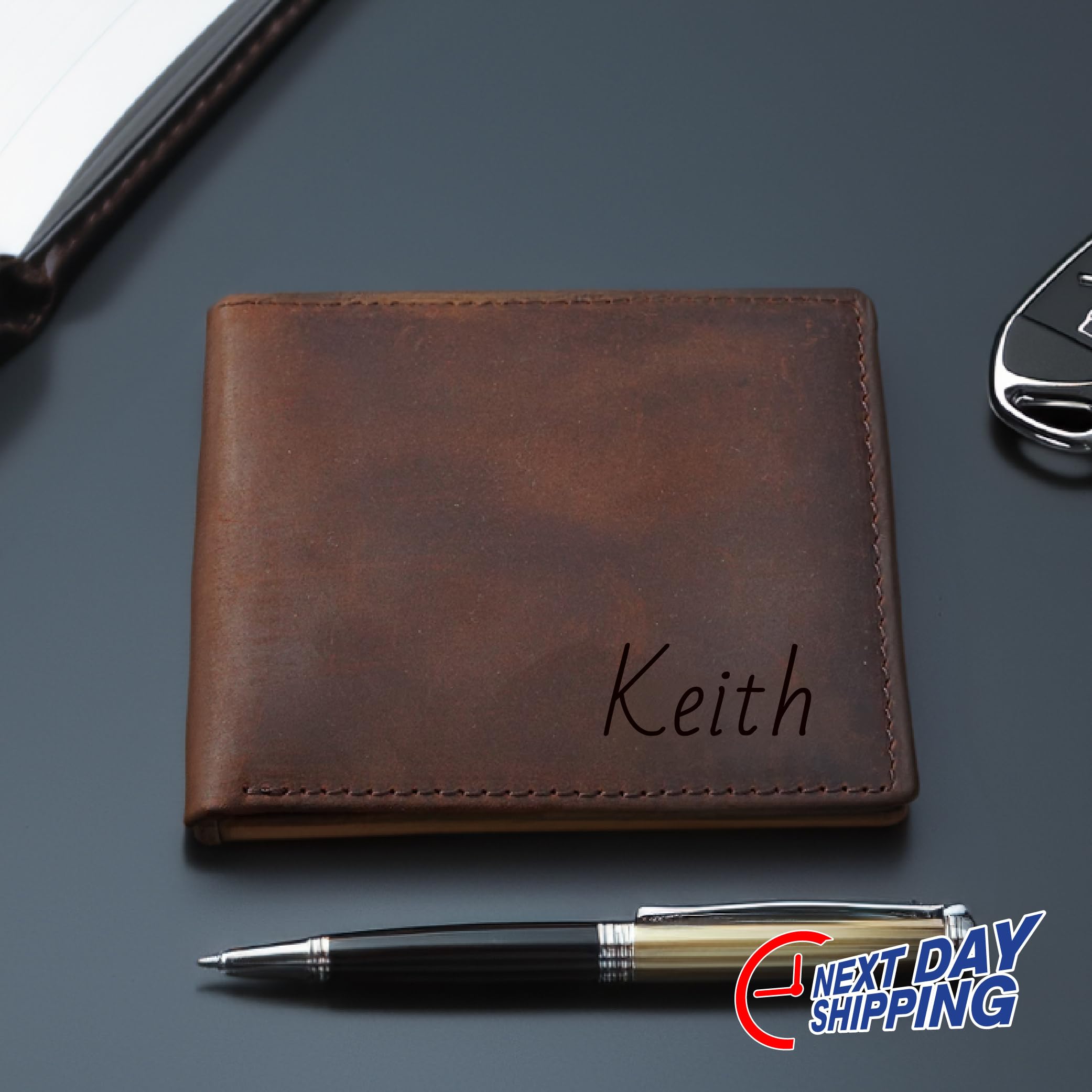 Genuine Leather Personalized Men's BLACK Wallet - Custom Engraved RFID Blocking Full Grain Leather Wallet for Dad, Husband, Son | Perfect Father's Day Gift, Birthday Present & Everyday Carry Accessory