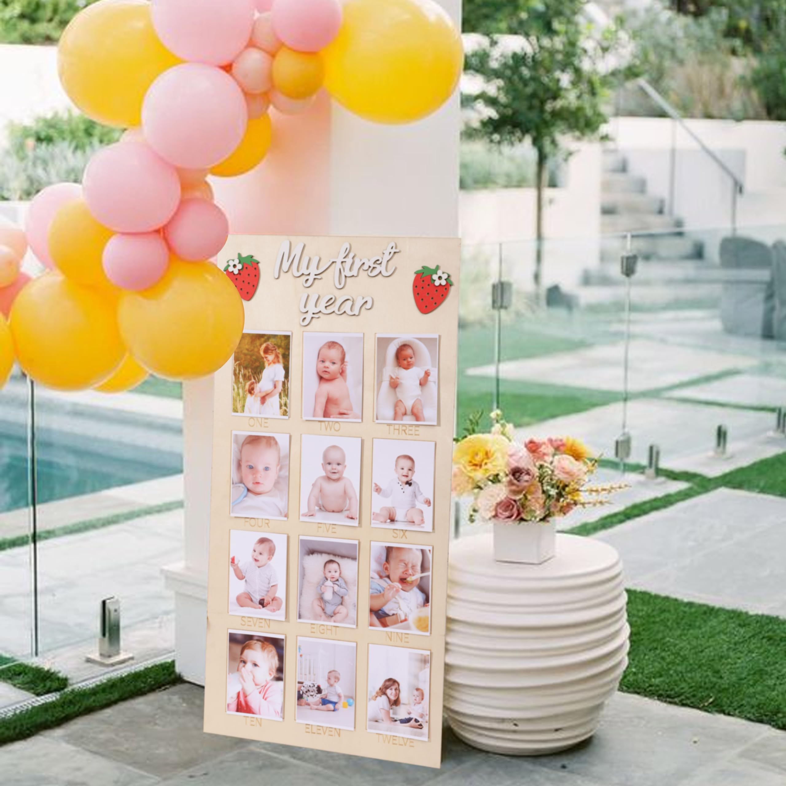 WAUAO 1st Birthday Photo Board - Strawberry Themed Wooden Milestone Decor for Baby's First Birthday | 12 Monthly Photo Props, Berry Inspired Nursery Decor | Perfect for Birthday Parties, Baby Showers & Nursery Room Decorations