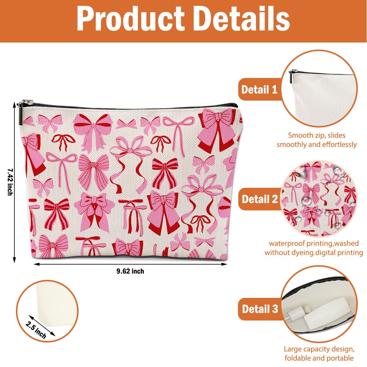 4 Pcs Bow Makeup Bags for Women - Cute Cosmetic Pouches with Zipper, Perfect Gift for Teen Girls, Best Friends, Daughter & Coworkers - Great for Christmas, Birthday, Travel & Daily Toiletry Storage