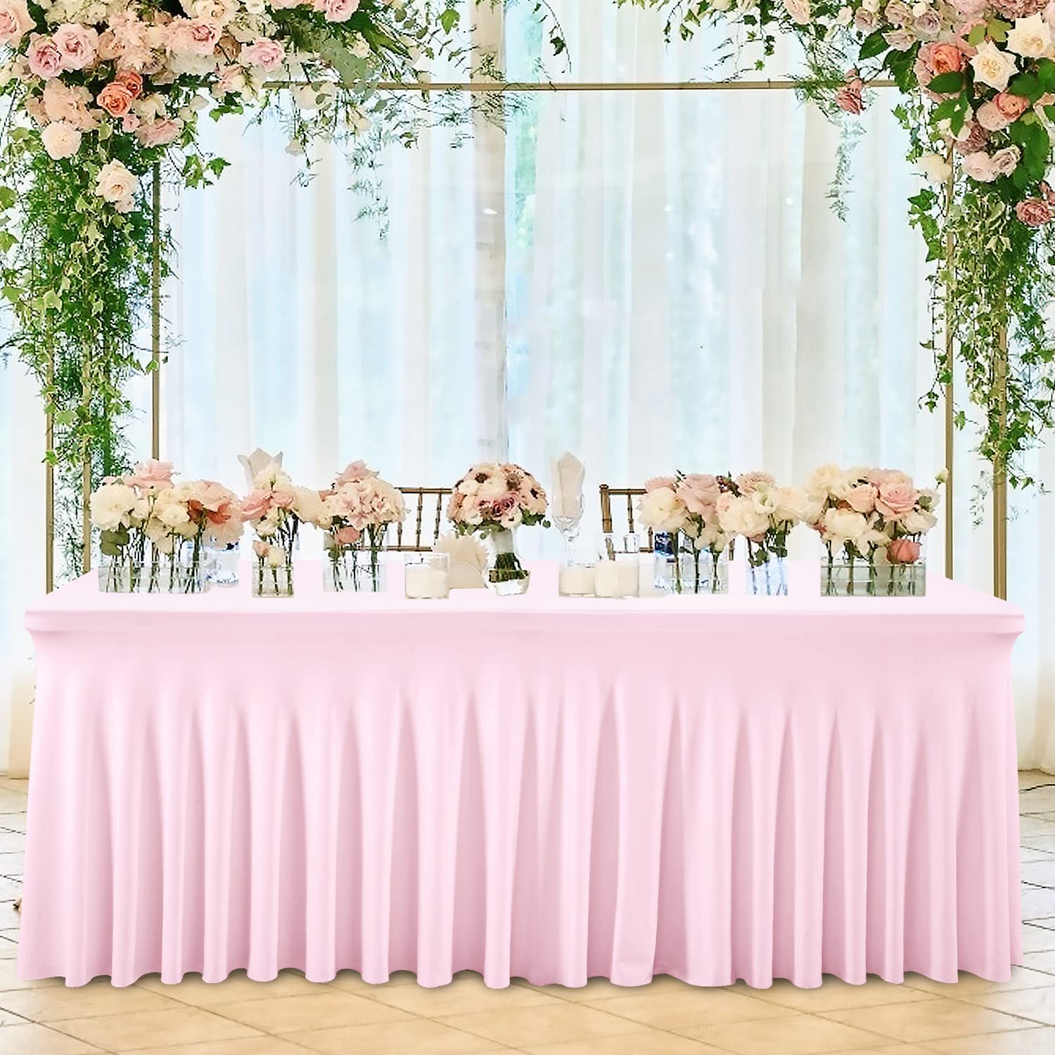 8ft Pink Spandex Table Skirt - Stretchable Table Cover for 8 Foot Rectangle Folding Tables | Perfect for Weddings, Banquets & Party Decorations