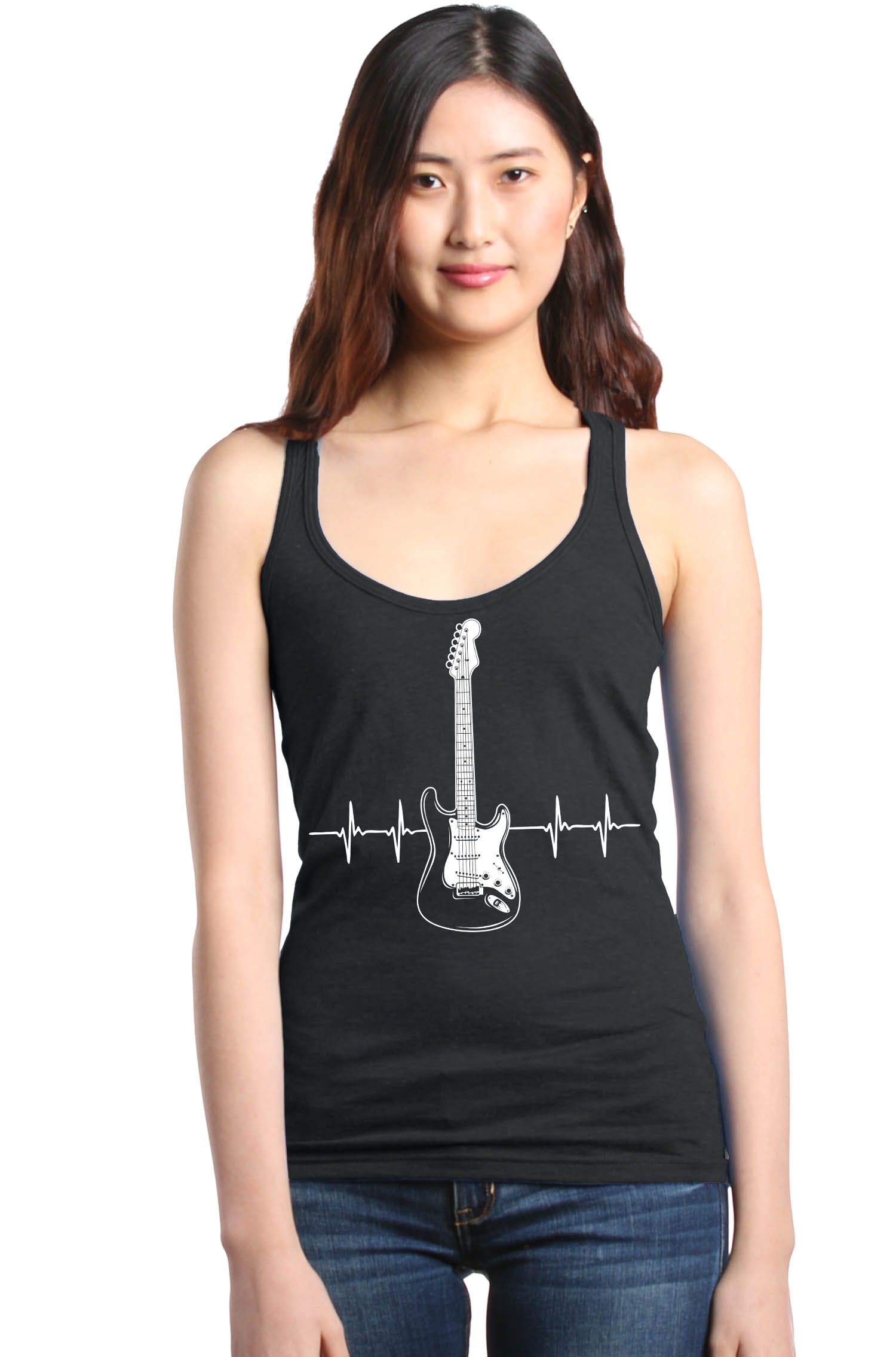 Shop4ever® Women's Slim Fit Racerback Tank Top - Electric Guitar Heartbeat Musician Design - Perfect for Concerts, Music Festivals & Casual Wear