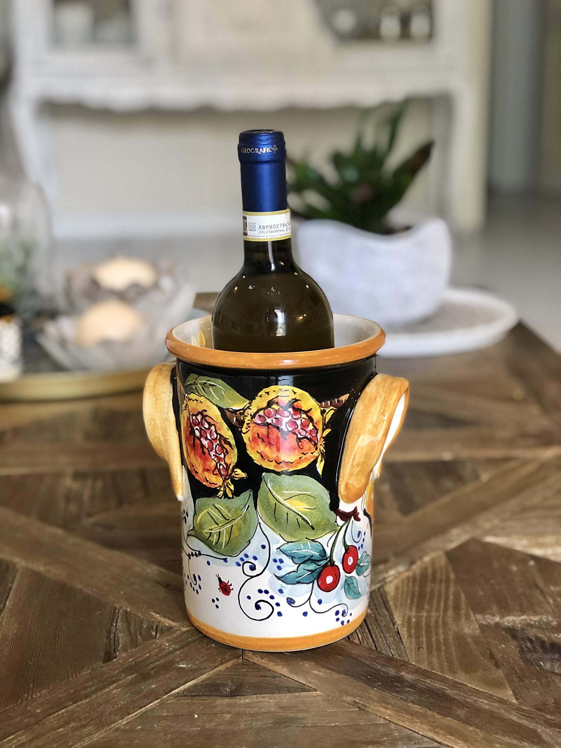 Hand Painted Italian Pottery Utensil Holder & Wine Bottle - CERAMICHE D'ARTE PARRINI Tuscan Florence Decorated Fruits - Authentic Made in Italy Ceramic Kitchen Decor for Rustic Farmhouse & Mediterranean Style Homes