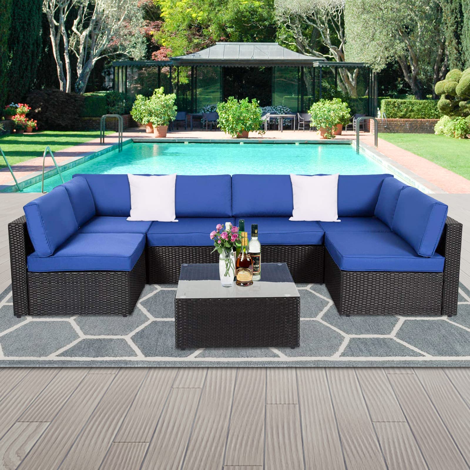 7-Piece Dark Blue PE Rattan Patio Furniture Set - Outdoor Sectional Sofa with Coffee Table & Cushions - Durable Wicker Garden Sofa Set for Backyard, Poolside, and Terrace Relaxation