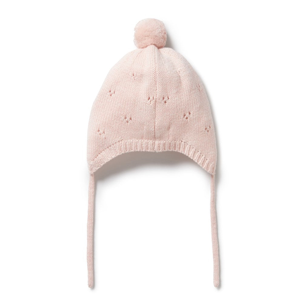 Pink Knitted Pointelle Bonnet for Baby Girls - Soft & Breathable Cotton Newborn Hat for Winter & Photo Shoots