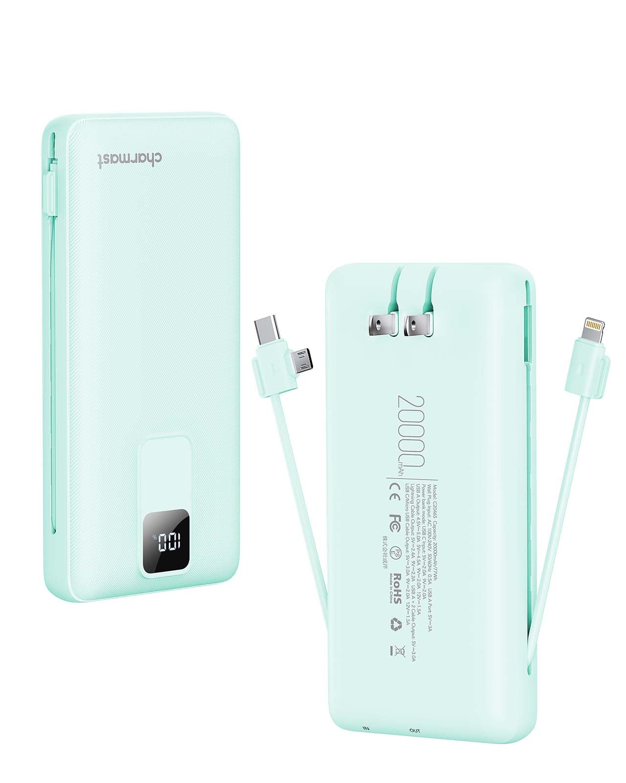 Charmast 20000mAh Portable Charger with Built-in Cables & Wall Plug - 20W USB C Fast Charging Power Bank for iPhone 16/15/14/13, Samsung, Google, iPad - Perfect for Travel, Camping & Emergency Power Backup