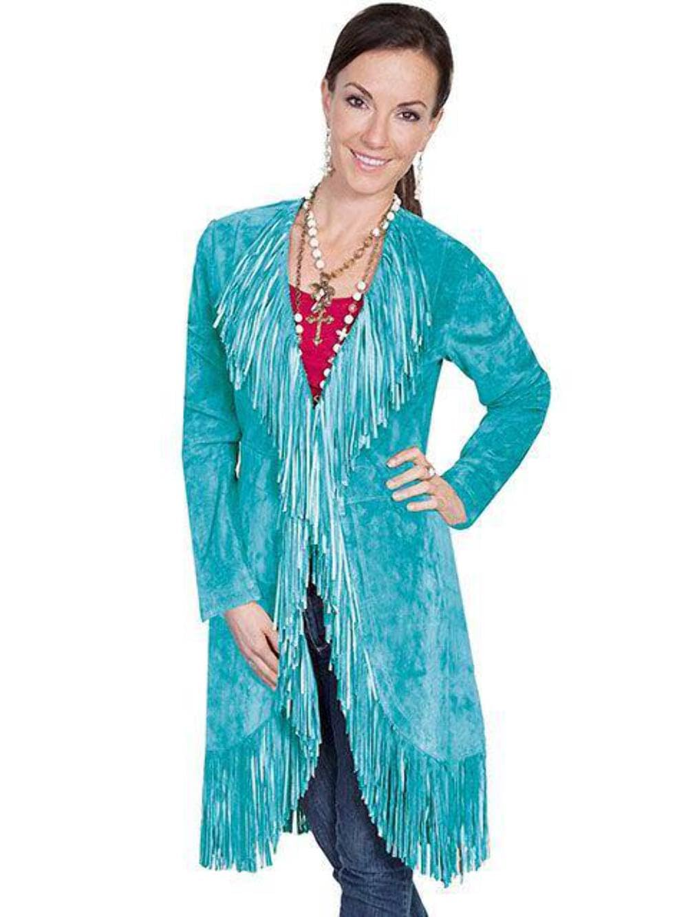 Scully Women's Boar Suede Fringed Maxi Coat - Turquoise, X-Large | Boho Chic Winter Jacket for Casual Outings & Festivals