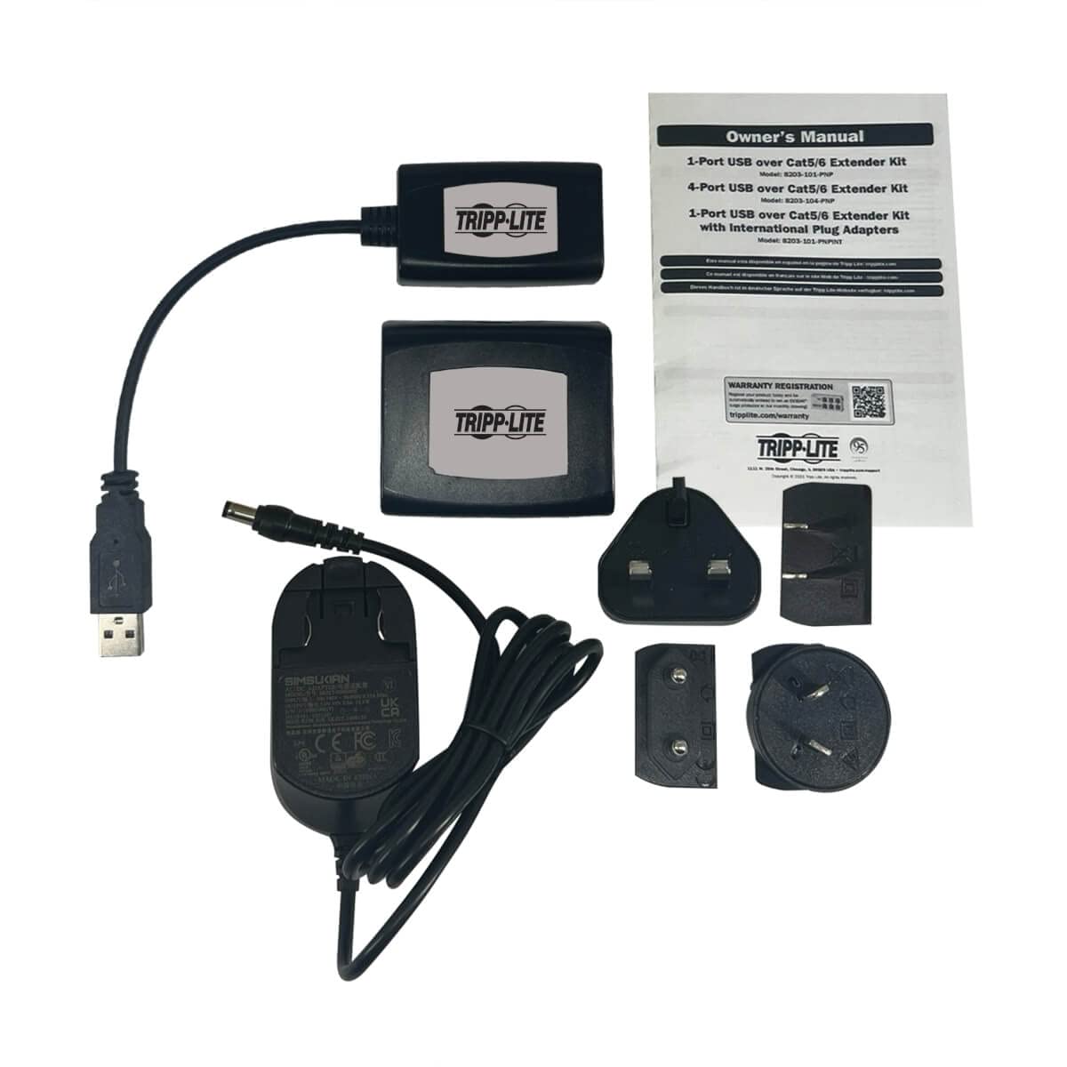 Tripp Lite USB 2.0 Extender Kit - 1-Port Over Cat5/Cat6 Ethernet Cable, 164ft/50m Range - International Plug Adapters for USA, UK, EU & Australia - Ideal for Remote Work, Home Office & Conference Room Setup (B203-101-PNPINT) - 1 Year Warranty