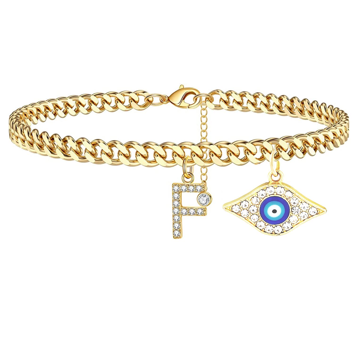 18K Gold Plated Dainty Cuban Link CZ Initial Anklet for Women - Evil Eye Protection Ankle Bracelet with Gold Letter Charm, Summer Jewelry Gift for Teen Girls & Women | Perfect for Beach, Vacation & Everyday Wear