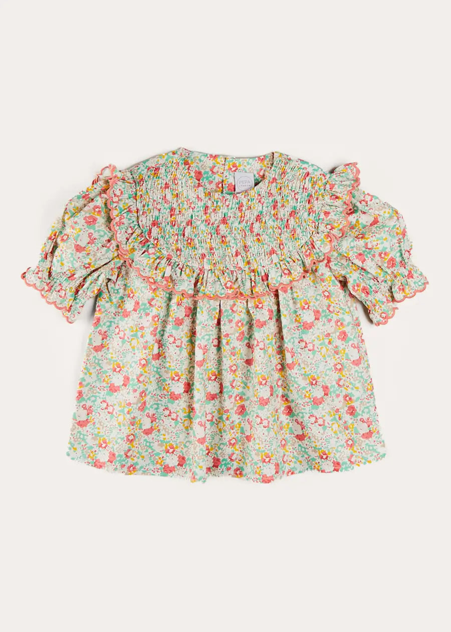 Clementine Floral Smock Detail Short Sleeve Blouse for Girls (2-12 Years) in Coral - Perfect for Spring Outfits & Special Occasions