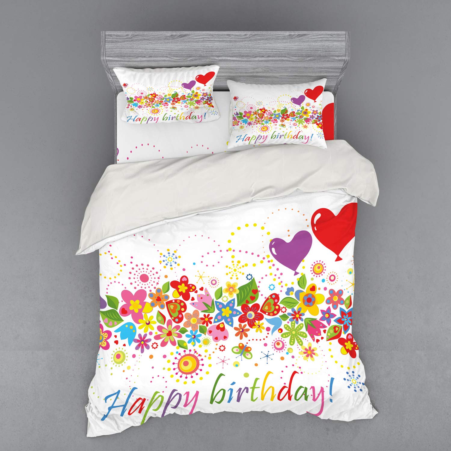 Ambesonne 4-Piece Queen Size Birthday Bedding Set - Colorful Meadow Heart Balloons Duvet Cover with Shams & Fitted Sheet | Perfect for Birthday Parties, Room Decor & Gift Giving