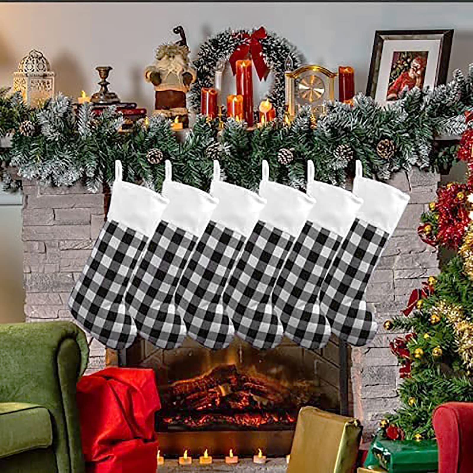 Christmas Stockings - White Plush Personalized Large Holiday Socks for Decorations | Classic Lattice Design Winter Candy Bag | Perfect for Fireplace Mantel, Gift Exchange & Seasonal Home Decor