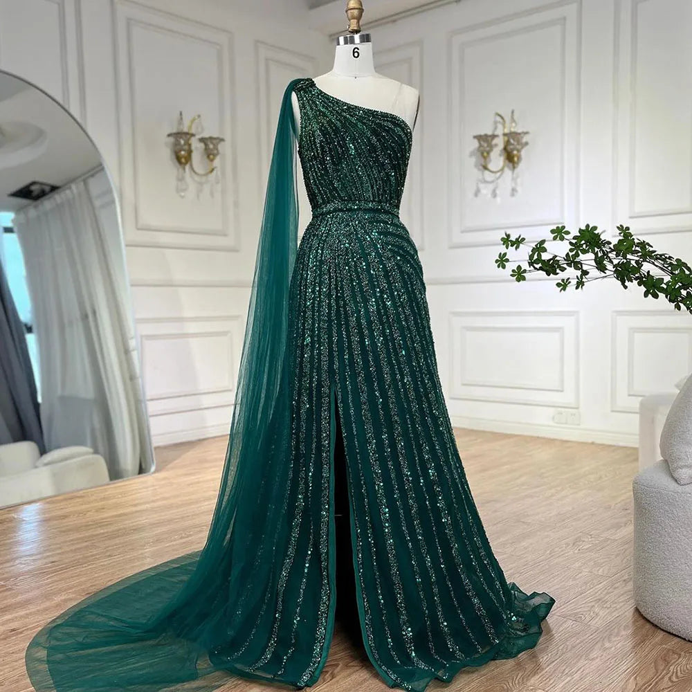 Elegant Green One Shoulder Evening Dress with Detachable Cape - Perfect for Weddings, Prom & Formal Parties | LA71671 | Stunning for Bridesmaids, Cocktail Events & Special Occasions