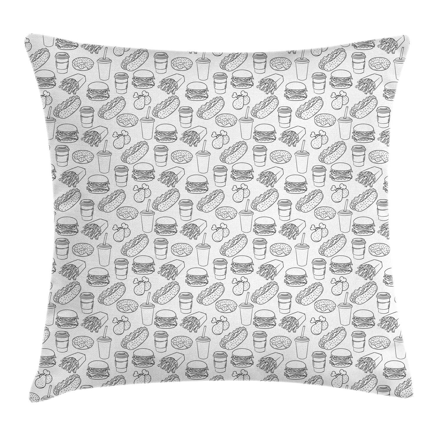 Ambesonne Food Themed Throw Pillow Cover - Burger, Chicken Leg, Donuts, French Fries & Hot Dog Outline Art - Decorative Square Accent Cushion Case 36x36 Inches - Charcoal Grey & White - Perfect for Kitchen, Dining Room & Food Lover's Home Decor