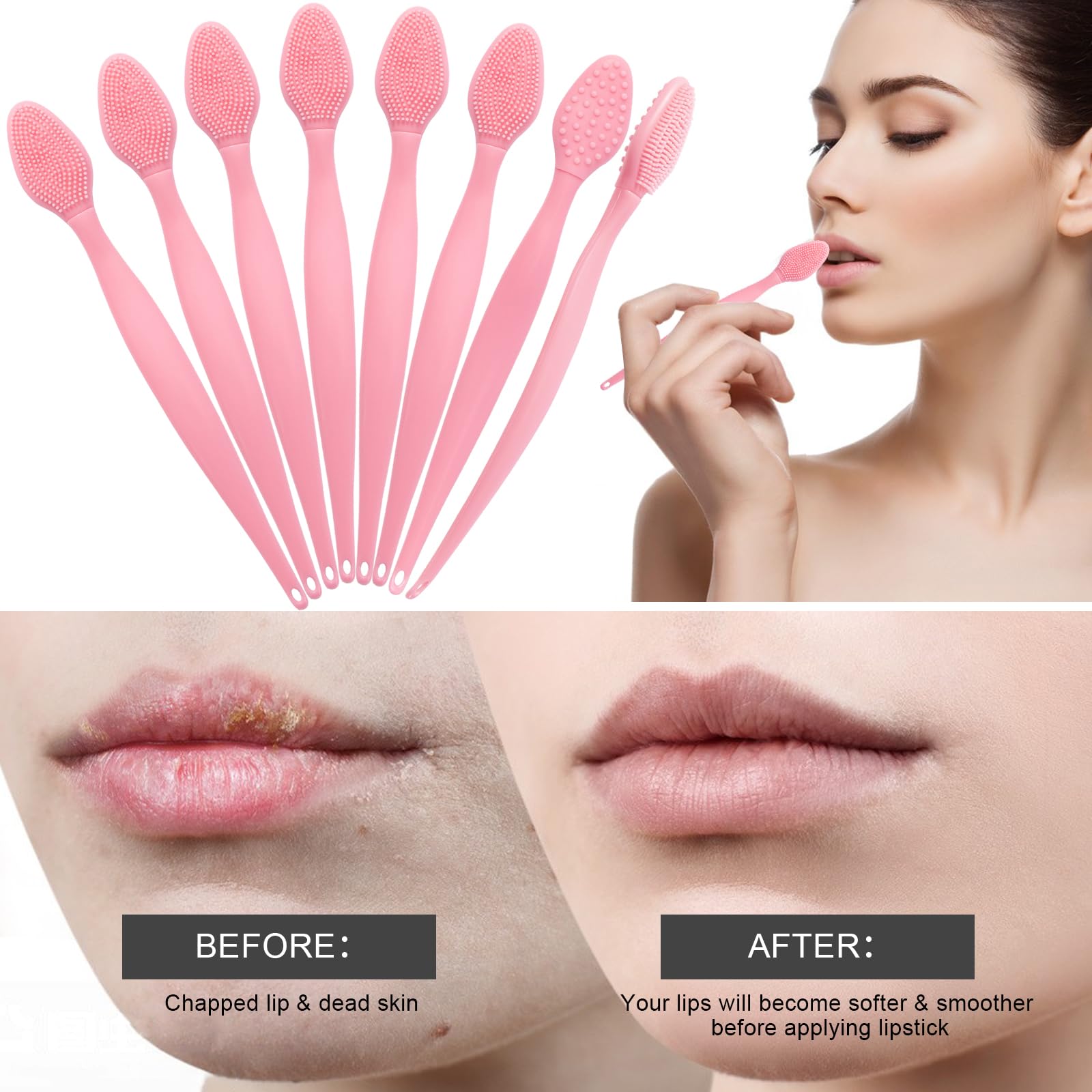 8 Pack Silicone Lip Scrub Brushes - Double-Sided Exfoliating Lip Brush for Soft Lips, Blackhead Remover & Skincare Tool (Pink) - Perfect for At-Home Spa & Lip Care Routine