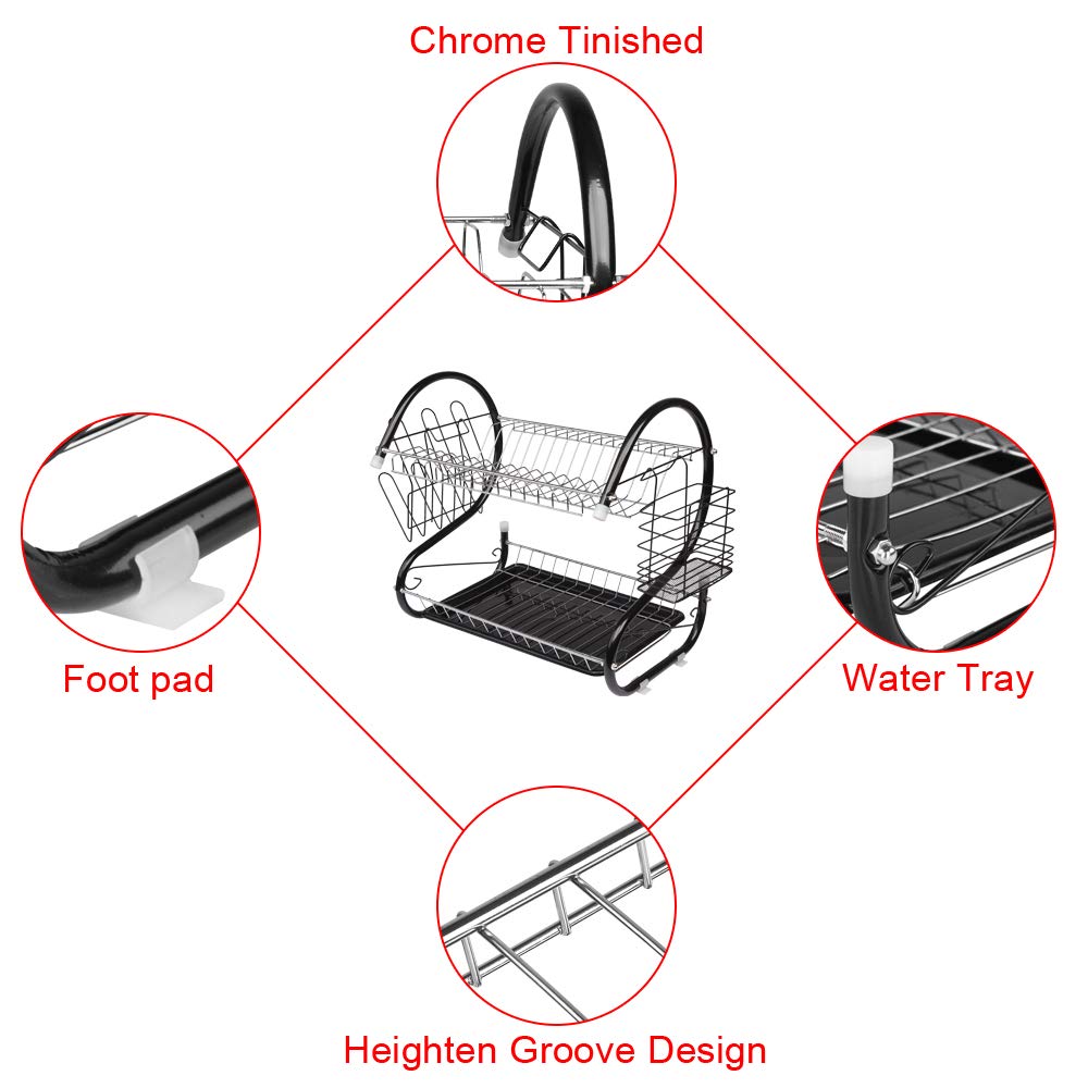 Multifunctional S-Shaped Dual Layer Dish Rack for Bowls, Plates, Chopsticks & Spoons - Space Saving Kitchen Organizer with Drainage - Perfect for Small Kitchens, Dorms & Apartments (Black)