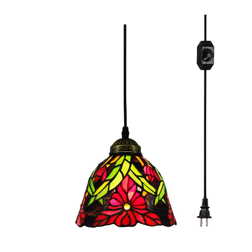 Tiffany Baroque Style Glass Ceiling Lamp - 15ft Plug-in UL Certified On/Off Dimmer Switch Chandelier with Colorful Stained Glass Shades (Bulbs Not Included) | Perfect for Bedroom, Dining Room & Living Room Decor