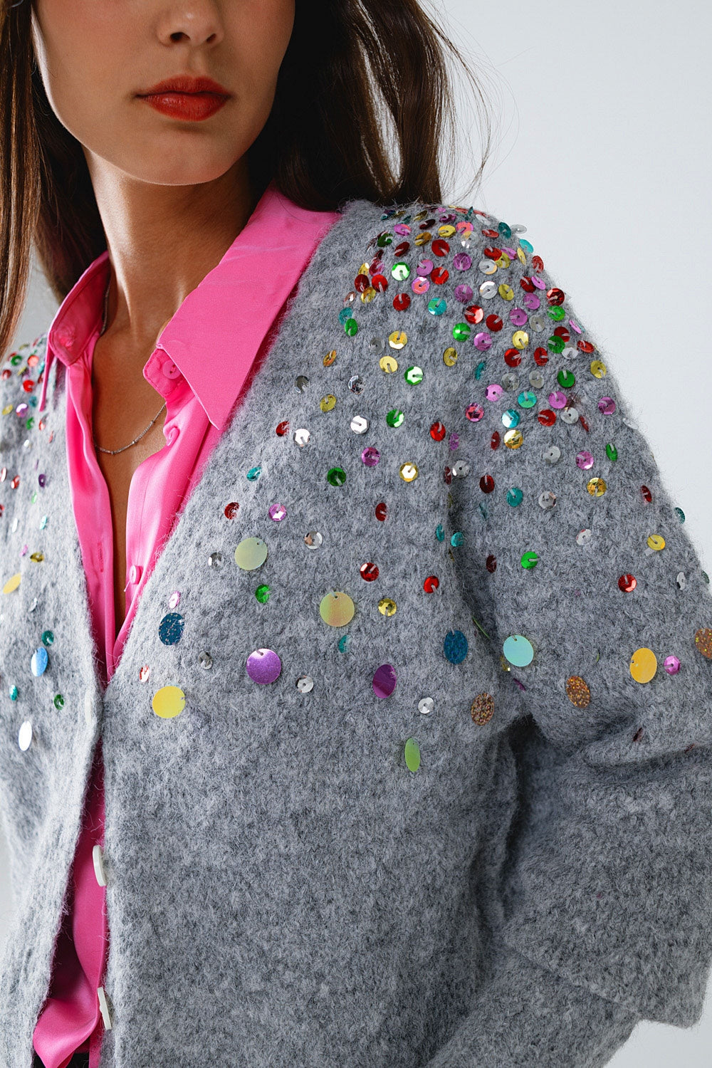 Sparkly Embroidered V-Neck Cardigan - Women's Gray Multicolor Sequin Sweater for Parties, Date Nights & Holiday Outfits