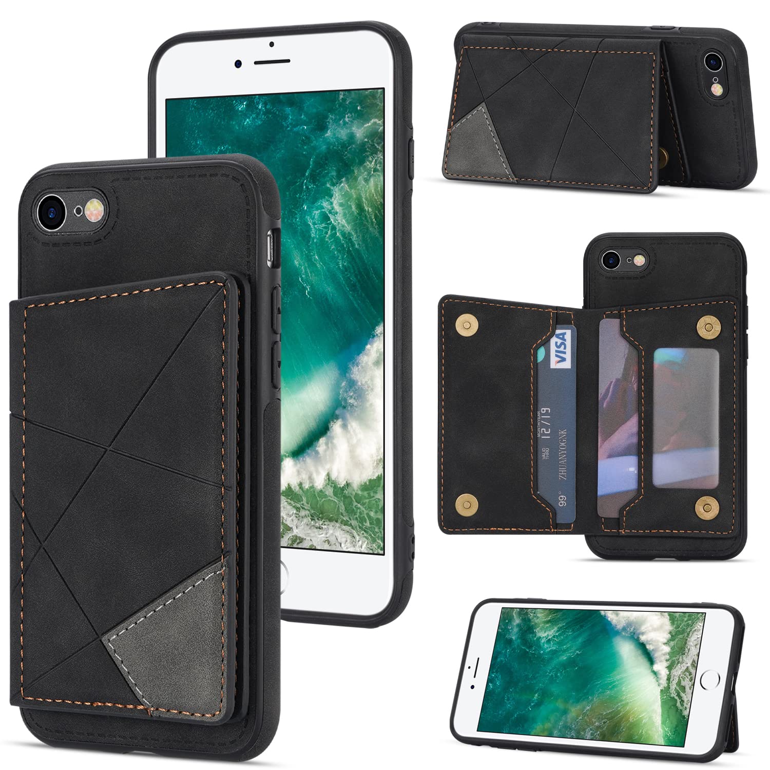 UEEBAI Slim PU Leather Wallet Case for iPhone SE 2022 5G/iPhone 7/iPhone 8/iPhone SE 2020/SE3/SE2 - Shockproof Flip Folio Cover with Card Slots, Kickstand & Magnetic Clasp (Black) - Perfect for Daily Use, Travel & Hands-Free Viewing