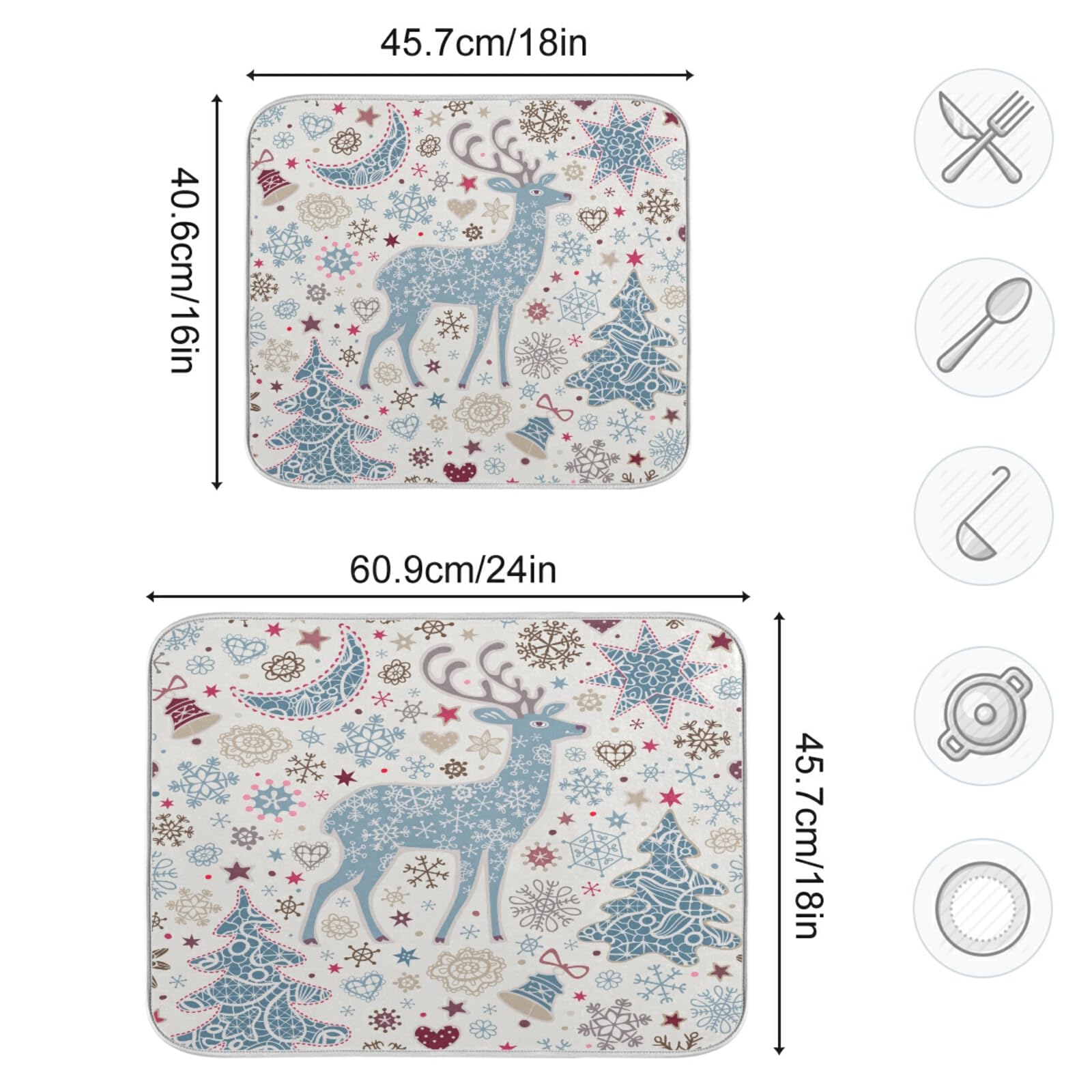 Christmas Deer Blue Dish Drying Mat - Absorbent Microfiber Kitchen Counter Mat (18x24 Inch) | Non-Slip Dish Rack Pad, Washable Drainer for Dishes & Utensils | Perfect for Holiday Kitchen Decor & Countertop Protection