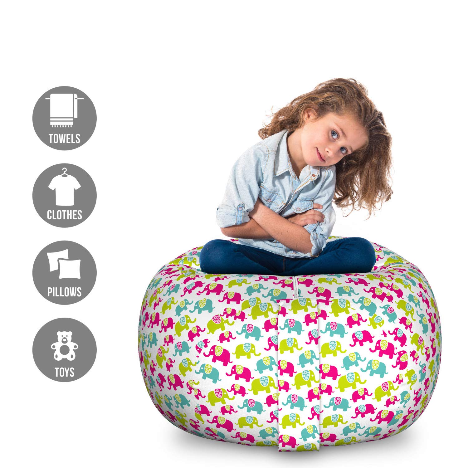 Ambesonne Animal Cartoon Storage Toy Bag Chair - Large Washable Stuffed Animal Organizer with Joyous Friendly Pattern (Green Blue Pink) | Kids Room Decor, Playroom Storage & Nursery Organization