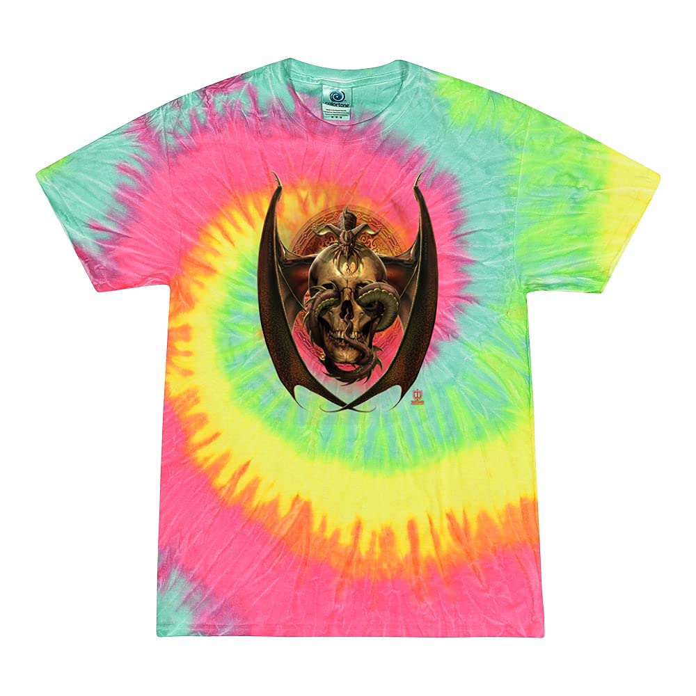 Dragon Sitting on Skull Pop Culture Tie-Dye T-Shirt | Gothic Streetwear | Festival & Concert Outfit | Unisex Graphic Tee for Men & Women