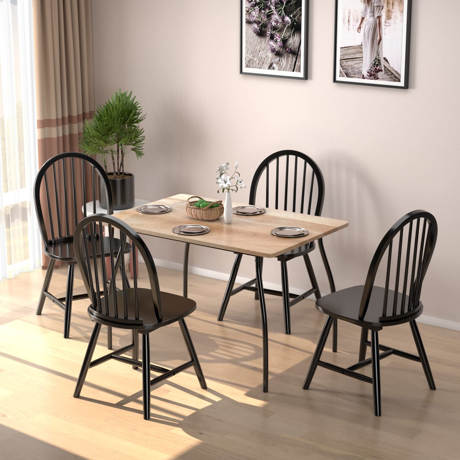 KOTEK Set of 2 Windsor Dining Chairs - Solid Wood Spindle Back Chairs with Wide Seat, Farmhouse Style Armless Side Chairs for Kitchen, Dining Room & Living Room - Perfect for Family Gatherings & Home Decor (Black)