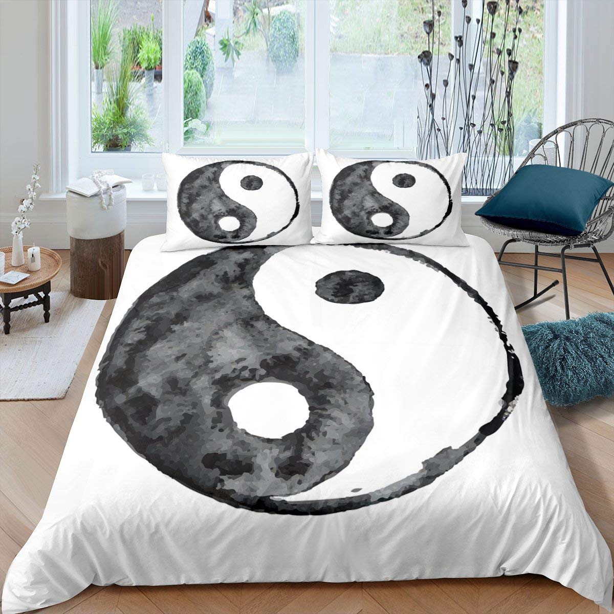 Erosebridal Yin Yang Bedding Set - Gossip Pattern Comforter Cover for Teens & Adults - Tai Chi Duvet Cover with Ink Printing - Black & White Twin Size (2-Piece Set with Pillowcase) - Perfect for Meditation Rooms, Zen Bedrooms & Martial Arts Themed Decor