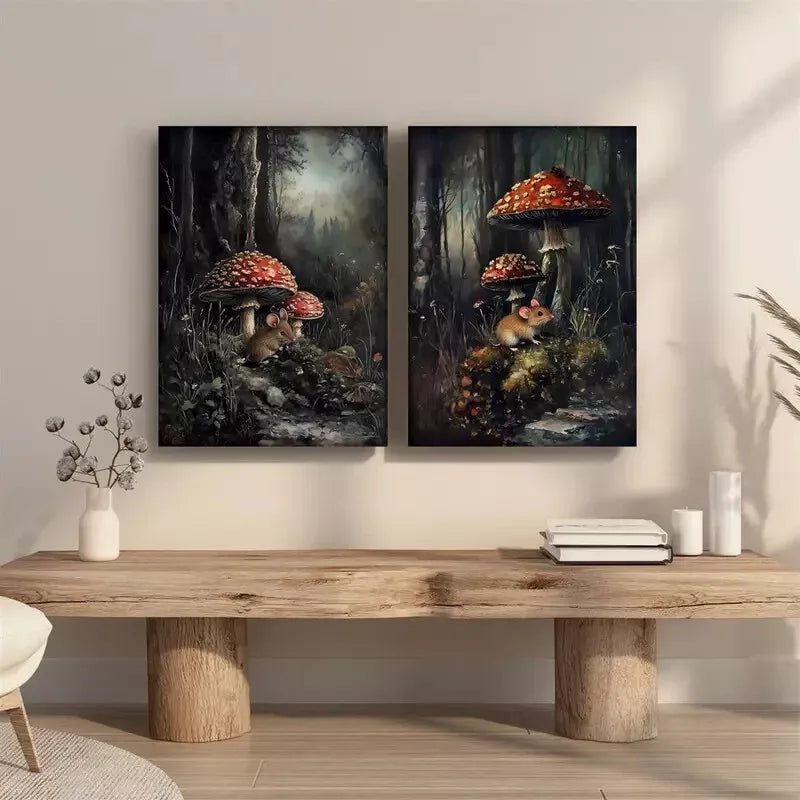 2-Piece Enchanted Forest Mural Wall Art Set - 50x75cm Framed Canvas Prints with Mushrooms & Floral Rat Design | High Quality Australian Made Home Decor | Perfect for Living Room, Bedroom & Nursery Decorations