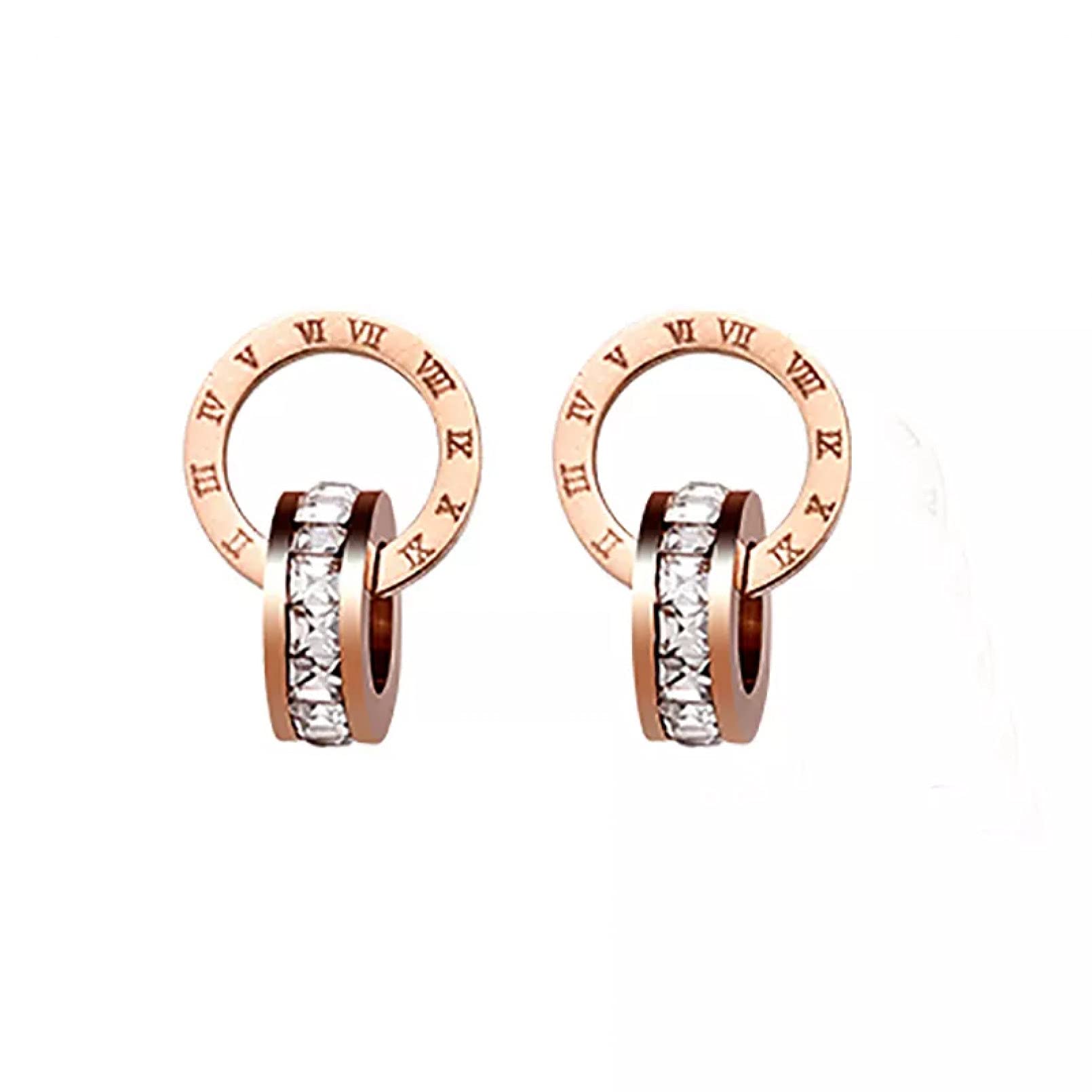 Roman Numeral Titanium Steel Stud Earrings for Women - Gold Circle Dangle Earrings with Zircon | Classic Luxury Jewelry for Parties, Gifts & Everyday Wear