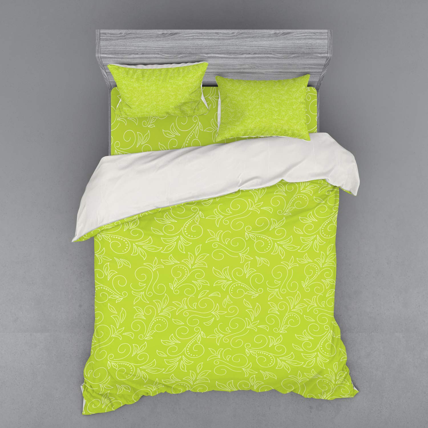 Ambesonne Green Leaf Duvet Cover Set - Abstract Floral Botanical Pattern with Curly Branches & Dots, 4-Piece Queen Size Bedding Set (Duvet Cover + 2 Shams + Fitted Sheet) in Yellow Green White - Perfect for Modern Bedroom Decor & Guest Room Styling